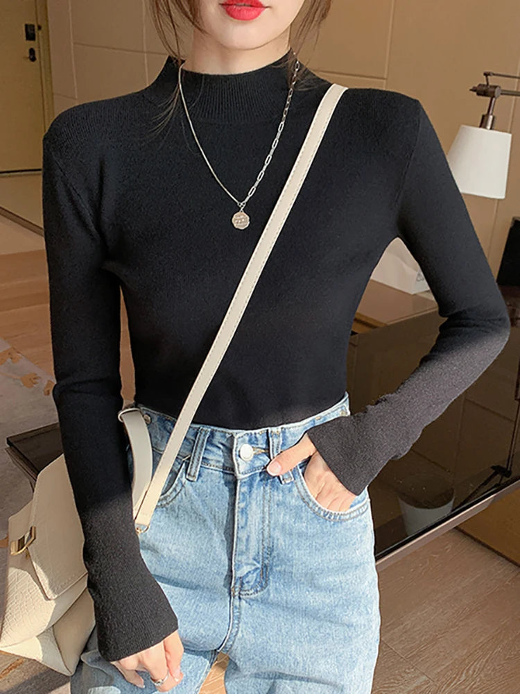 Turtleneck Sweater Stretch Tops Knitted Pullovers