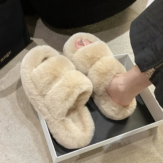 Women Thicken Plush Fur Slippers Winter Slip on Chunky Platform