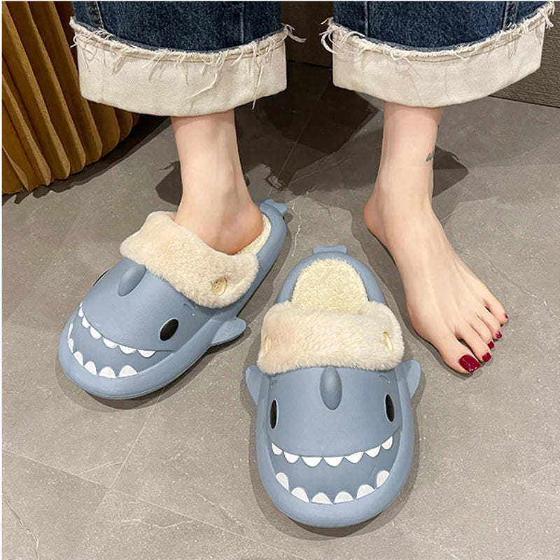 Shark Cotton Slippers Woman Waterproof Winter Indoor Non-slip Slides