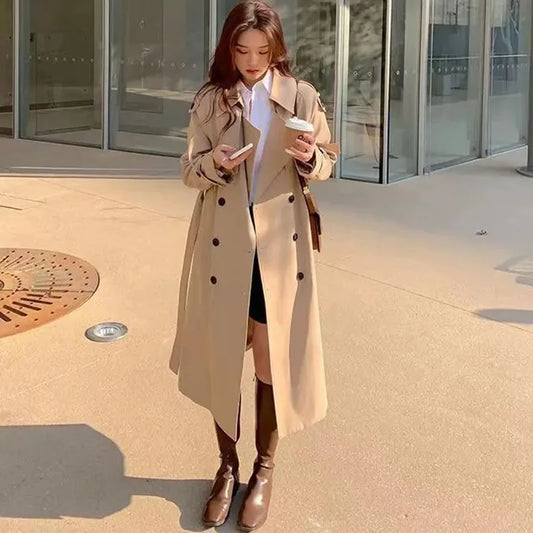 Loose Trench Coat Midi Length Khaki Windbreaker Coat