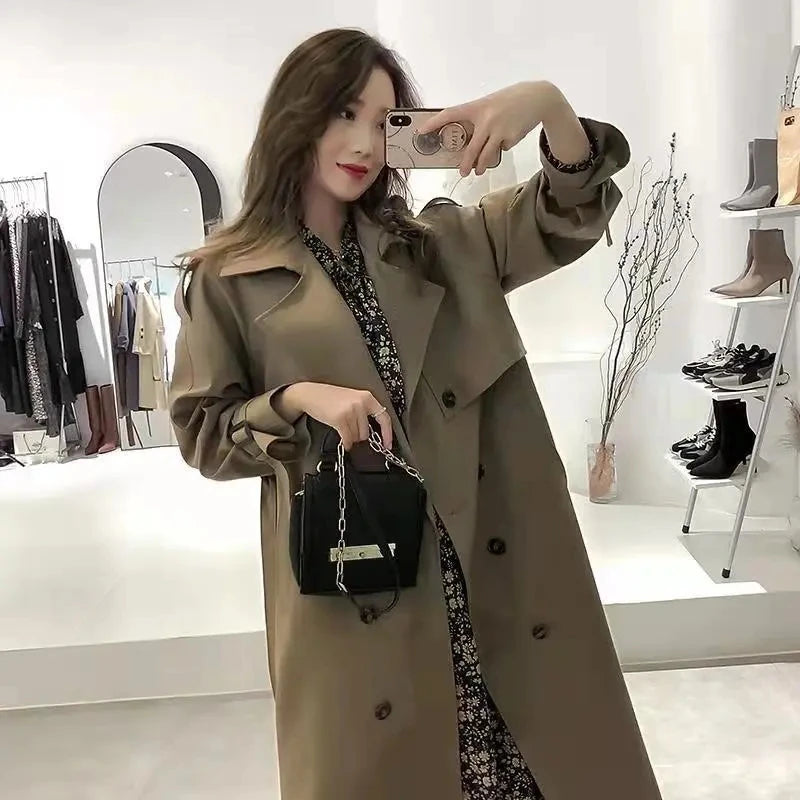 Popular Thench Coat Female 2024 Medium Length Jacket Women Over The Knee