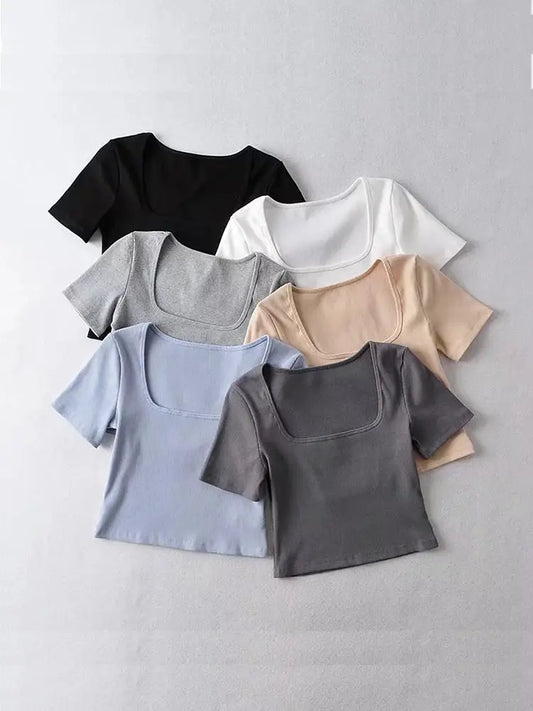 Women Square Neck Rib T-shirt Short Sleeve Crop Top